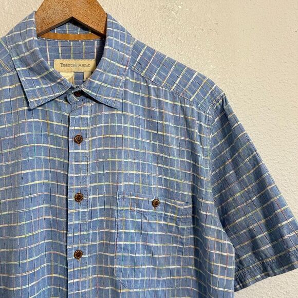 The Territory Ahead Short Sleeve Shirt Men's M Blue Cotton Check Button Up - Picture 4 of 6